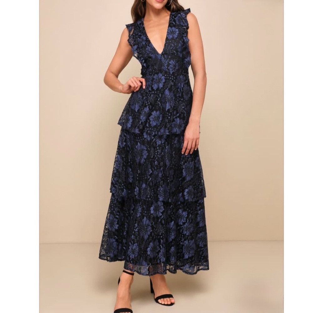 Lulus Molinetto Navy Blue Lace Ruffled Tiered Sleeveless Maxi Dress Size S